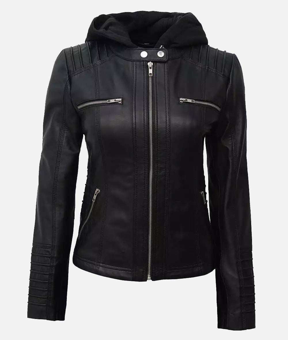 Helen Womens Black Leather Jacket with Removable Hood