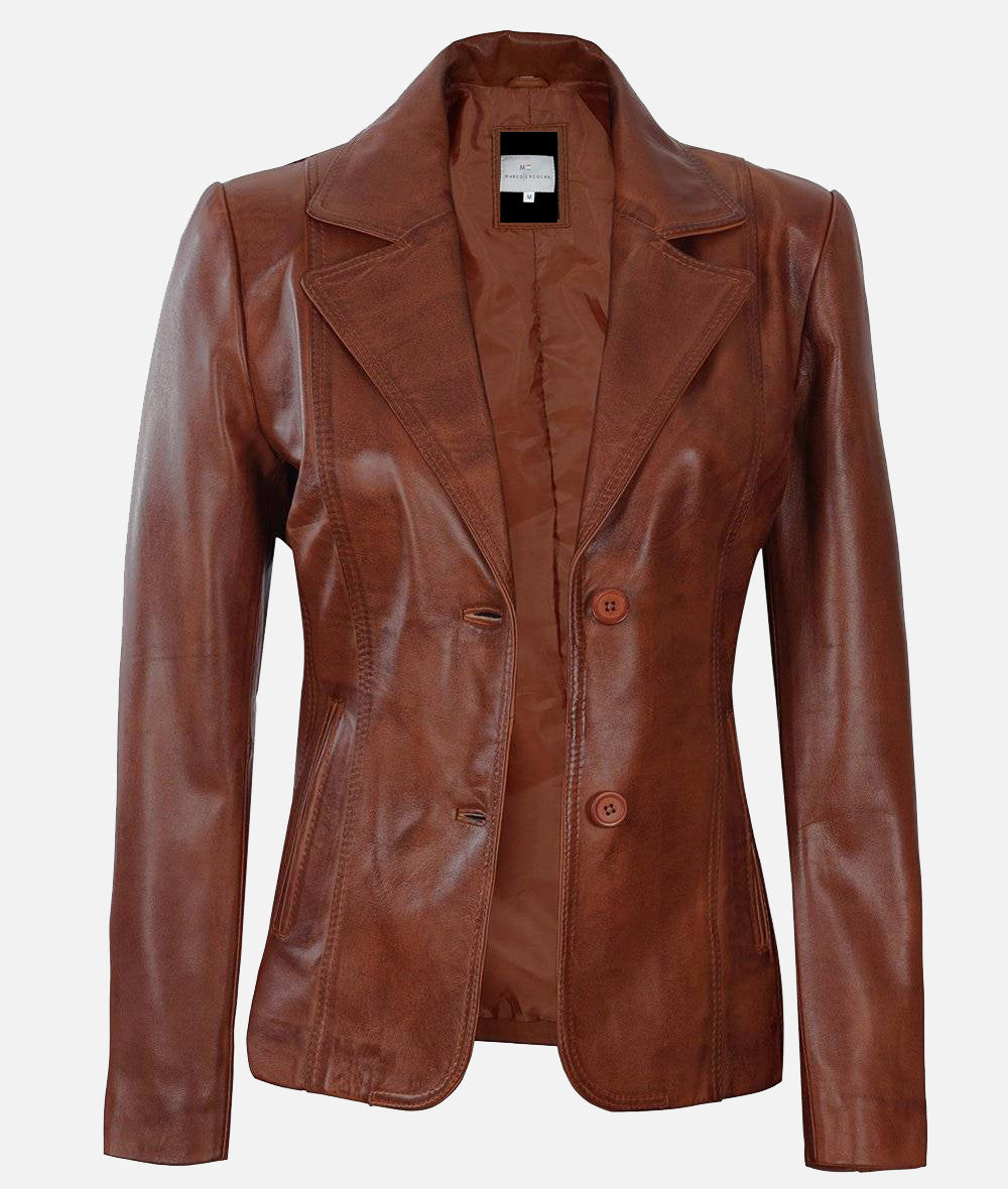 Women’s Cognac Two Buttons Leather Blazer