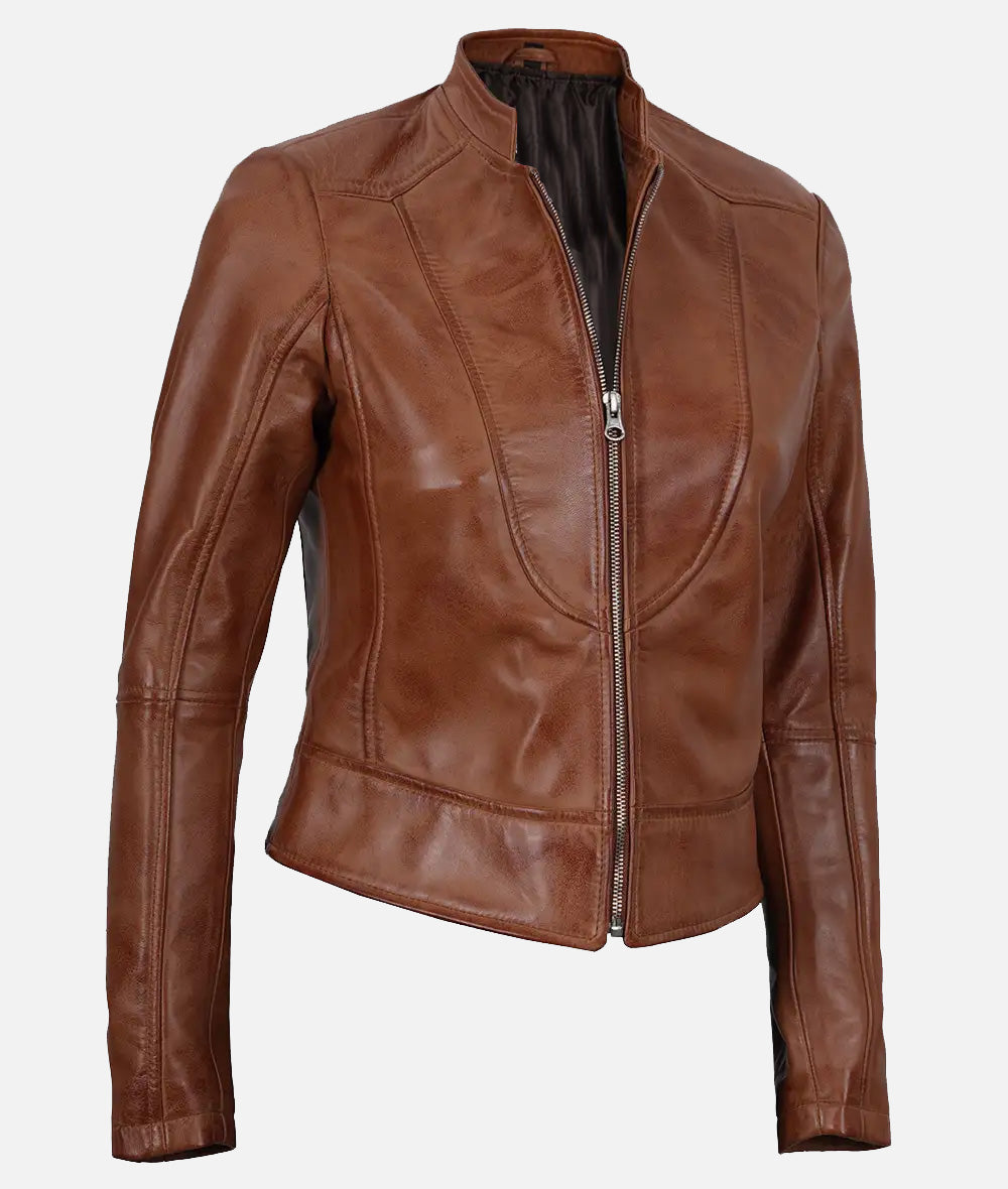 Montana Womens Premium Tan Biker Leather Jacket