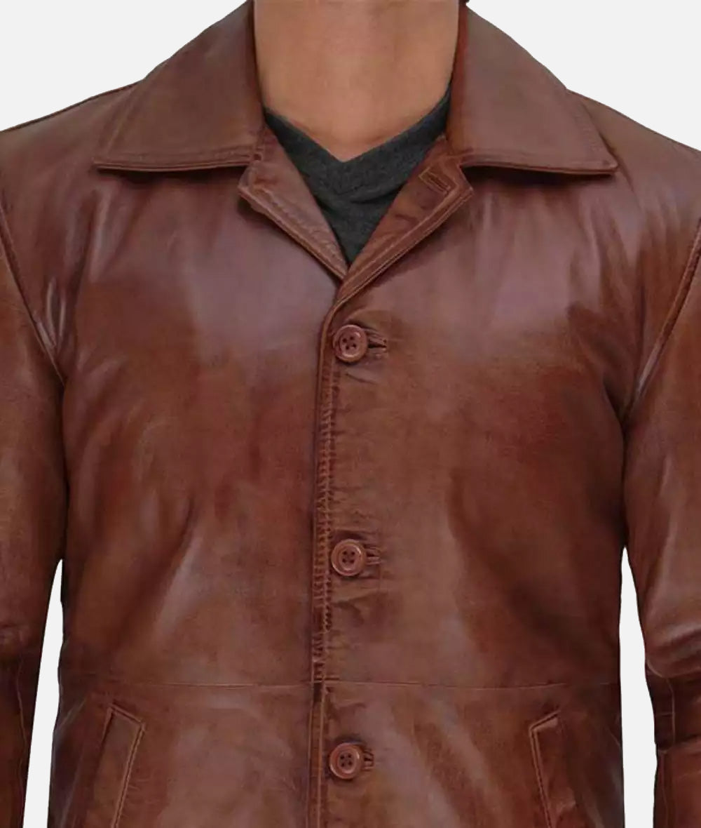 Mens Premium 3/4 Length Distressed Tan Leather Car Coat