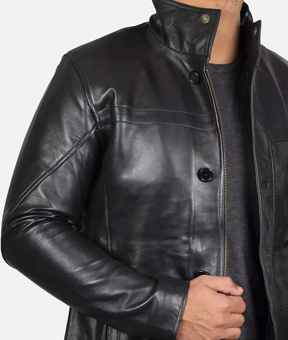 Men's Tall Black Leather Car Coat – 3/4 Length Jacket