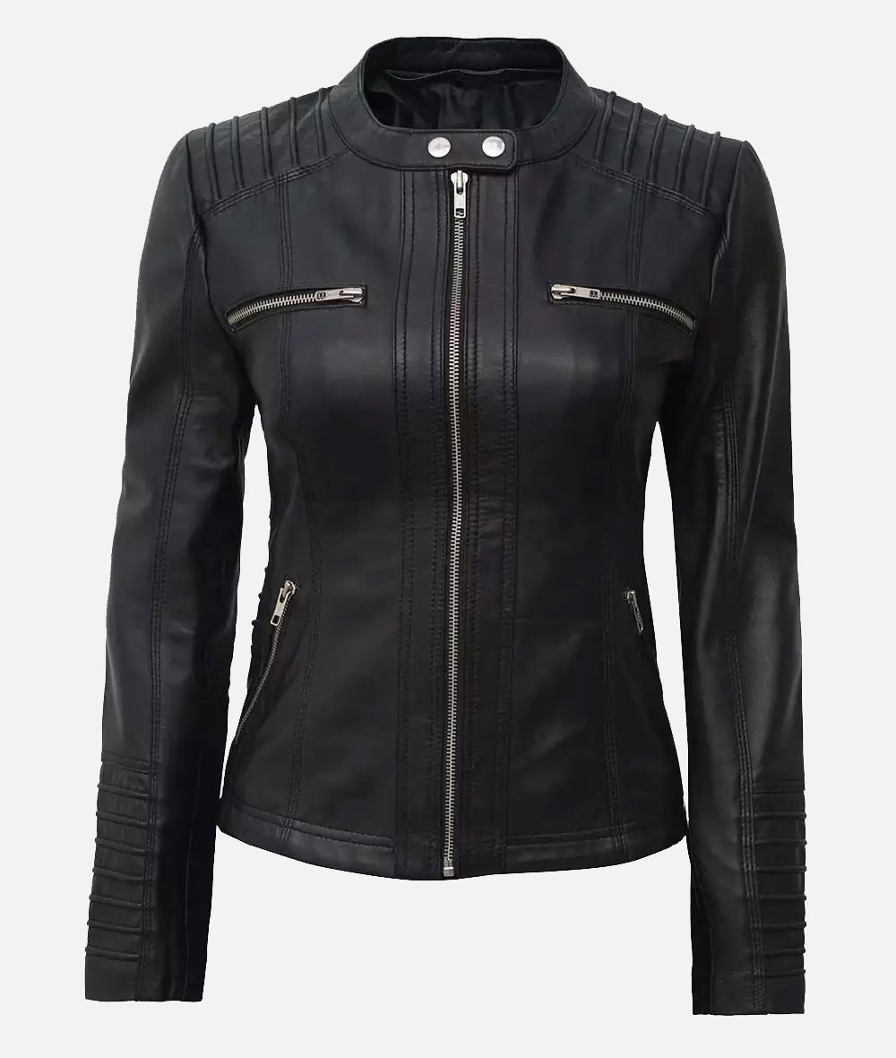 Helen Womens Black Leather Jacket with Removable Hood