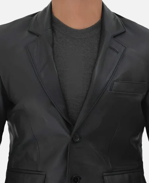 Men’s Two Buttons Notch Lapel Black Real Leather Blazer