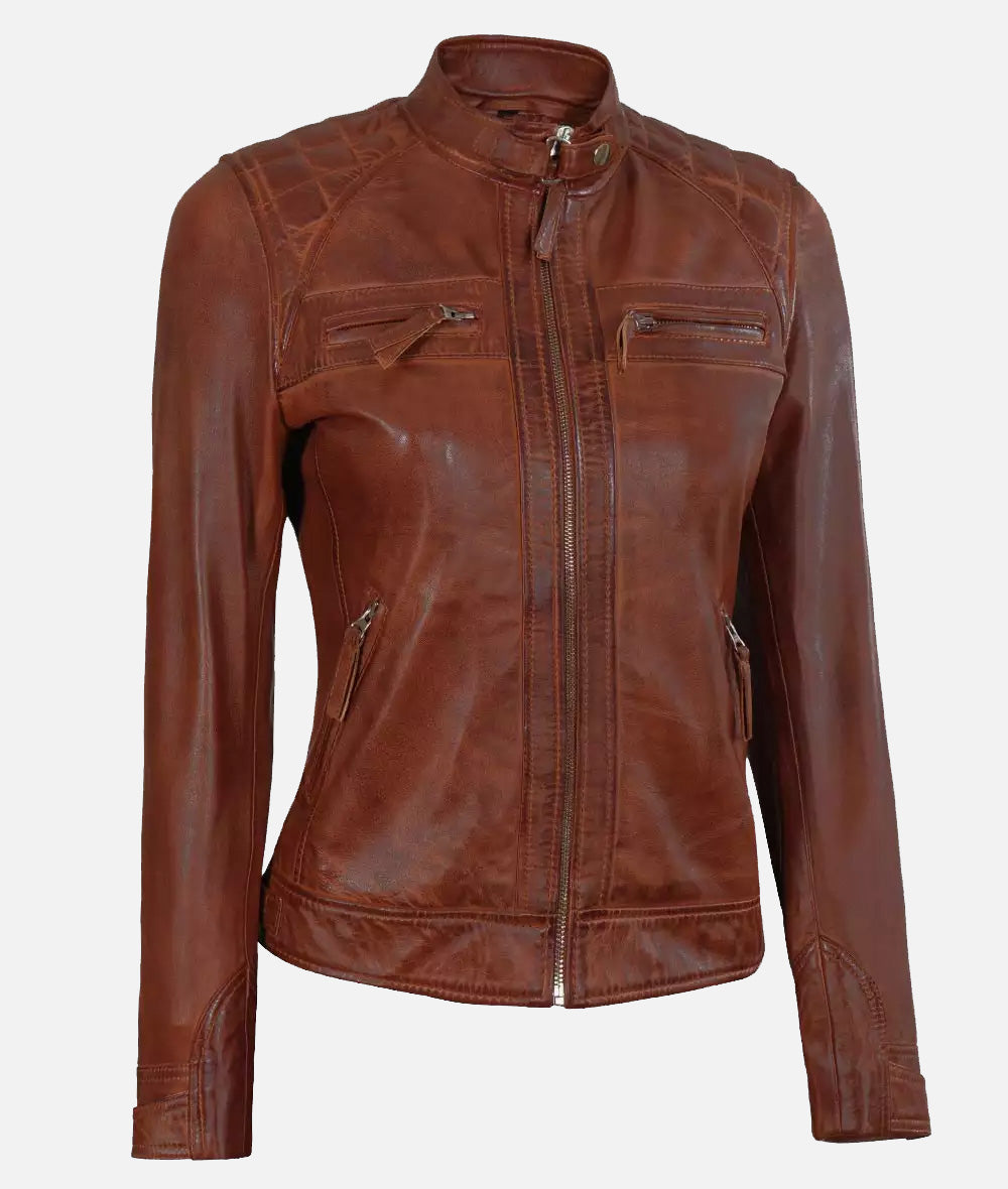 Womens Cognac Leather Biker Jacket With Quilted Shoulder Detailing