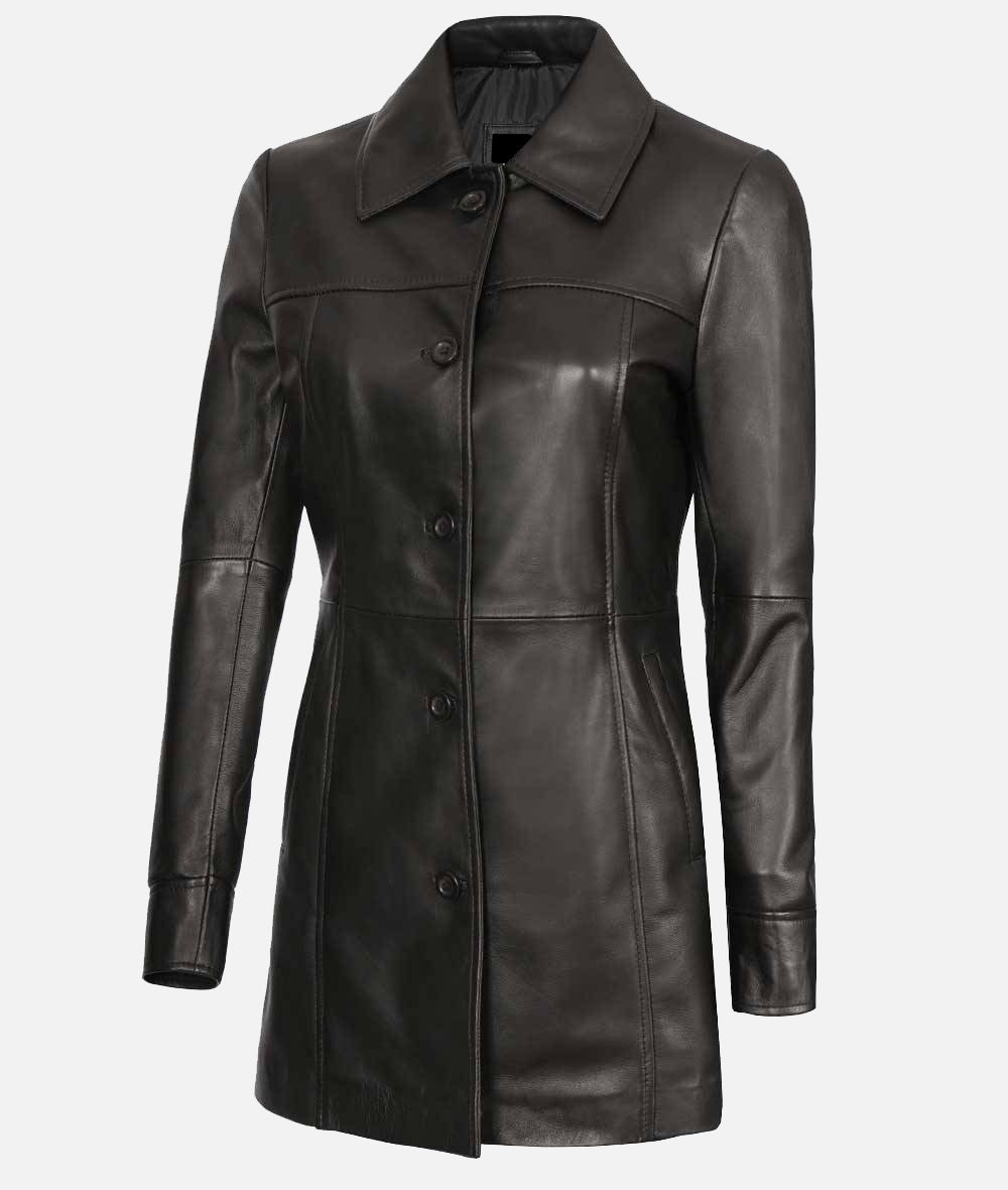 Womens Three Quarter Length Black Leather Coat