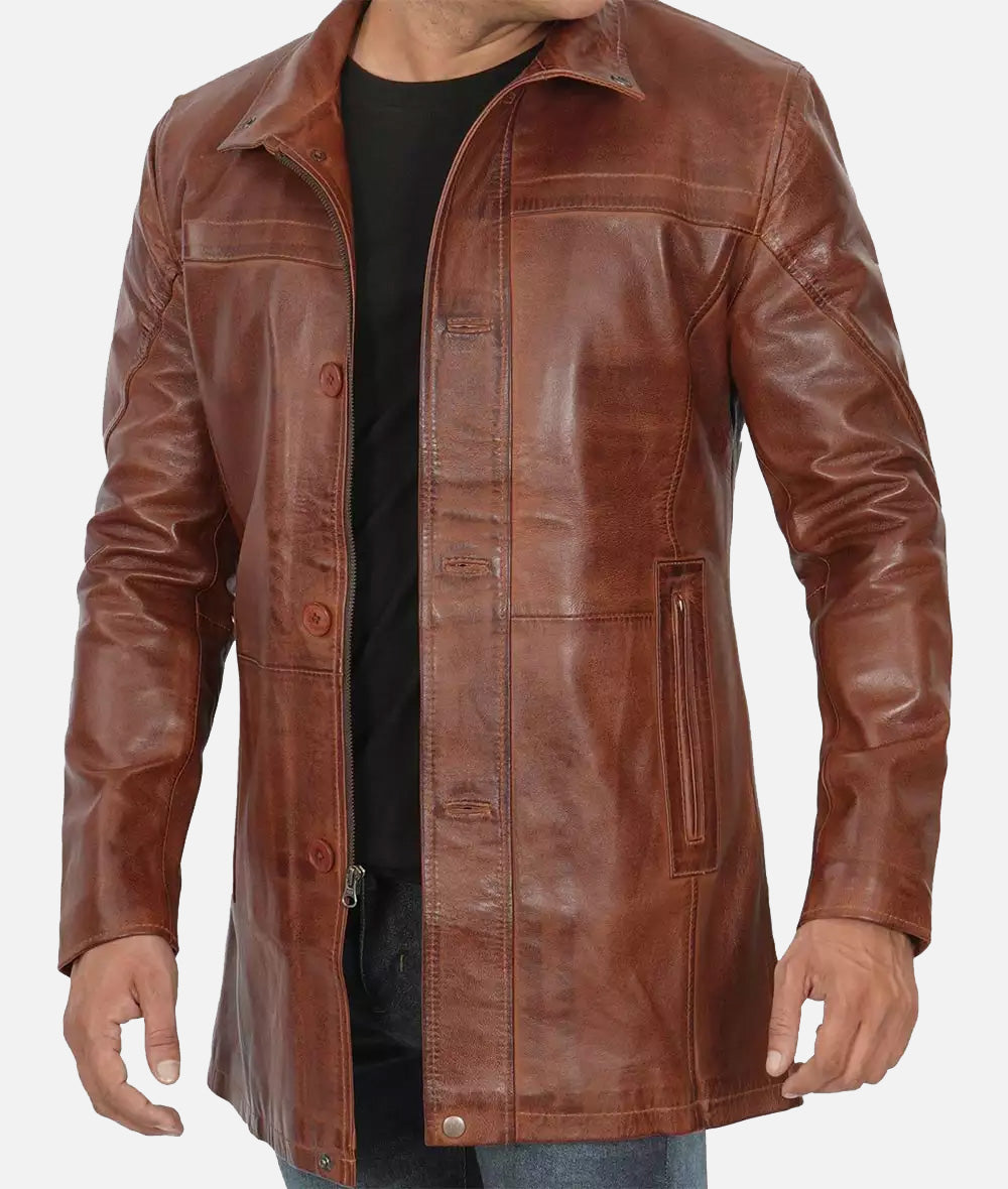 Mens Cognac Waxed Real Leather Car Coat