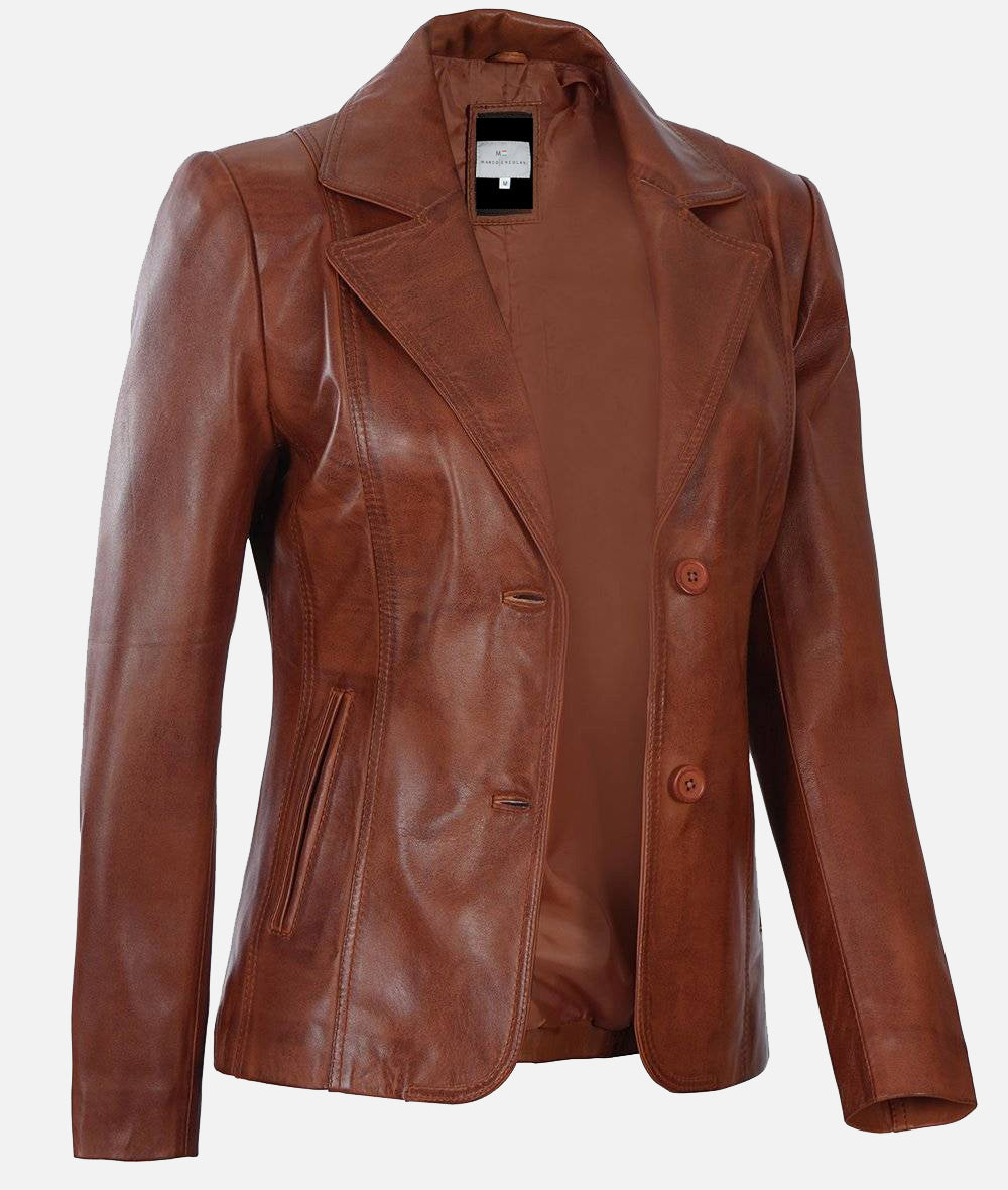 Women’s Cognac Two Buttons Leather Blazer