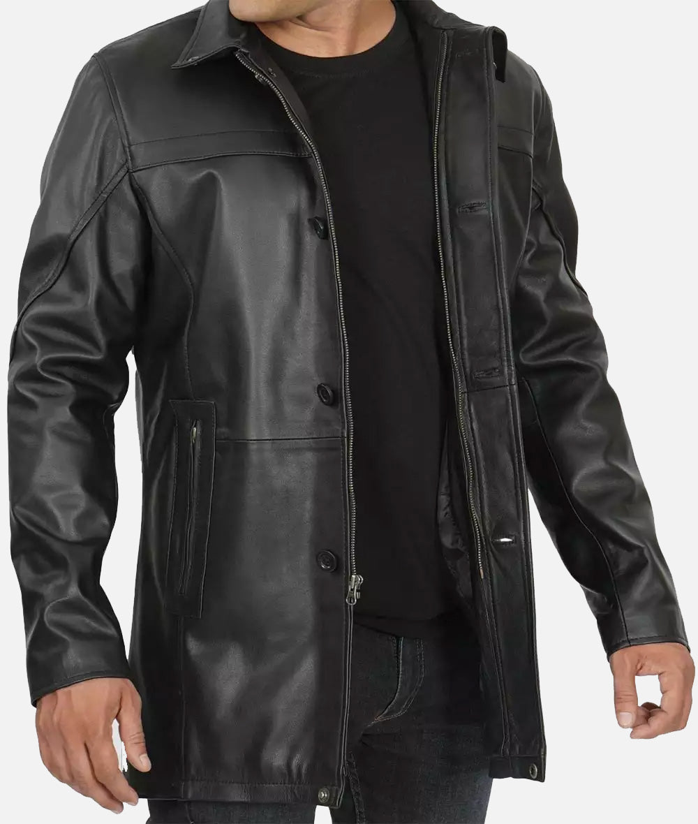 Bristol Mens Black Leather Car Coat - 3/4 Length Coat