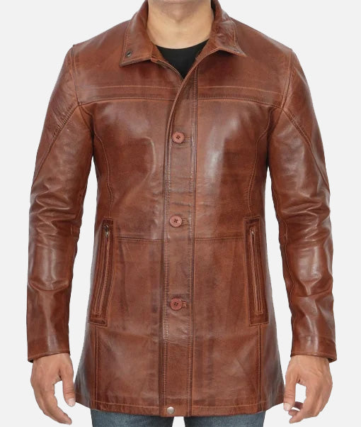 Men’s 3/4 Length Cognac Waxed Leather Coat | Car Coat