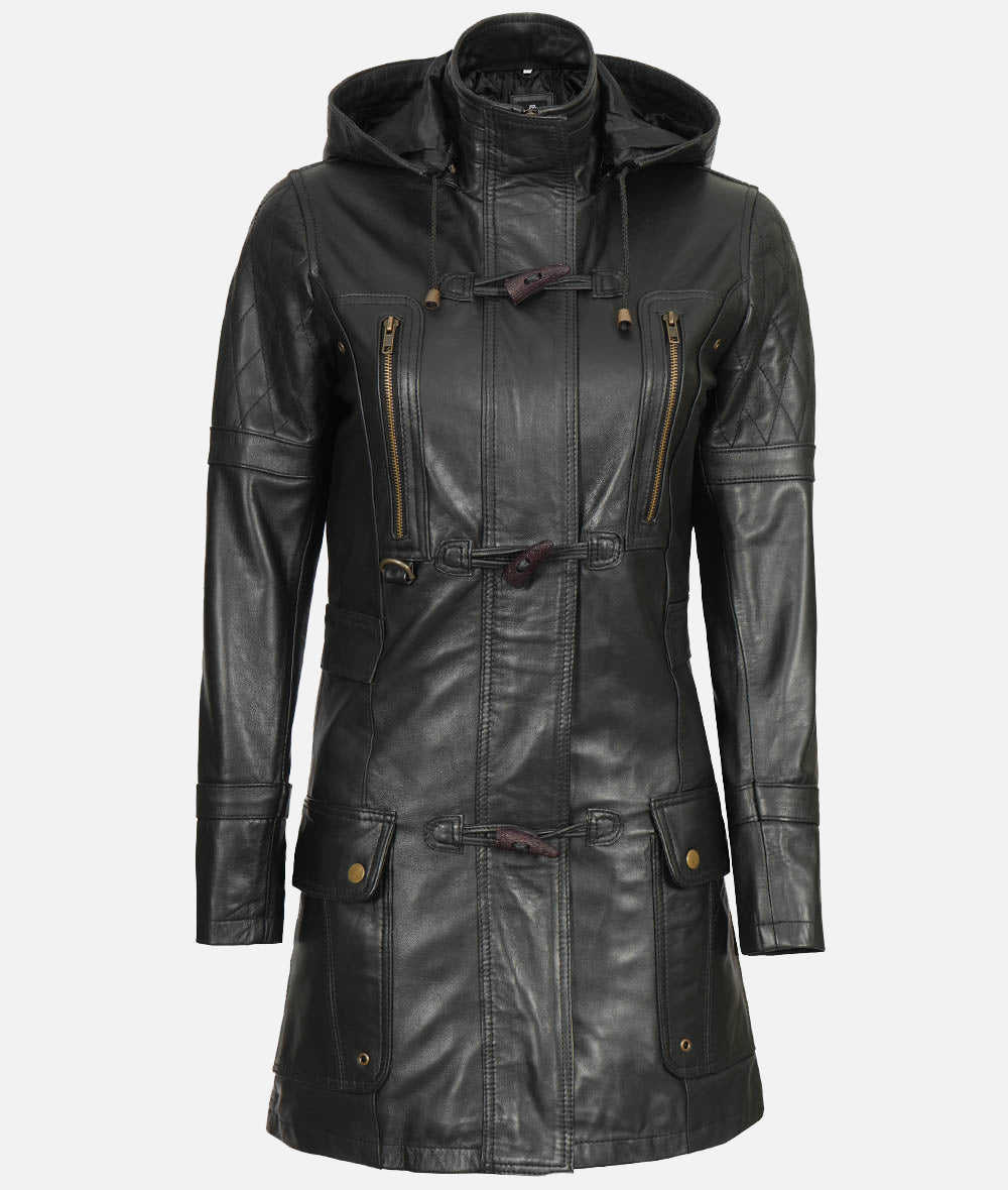 Women’s Black 3/4 Length Leather Coat With Hood