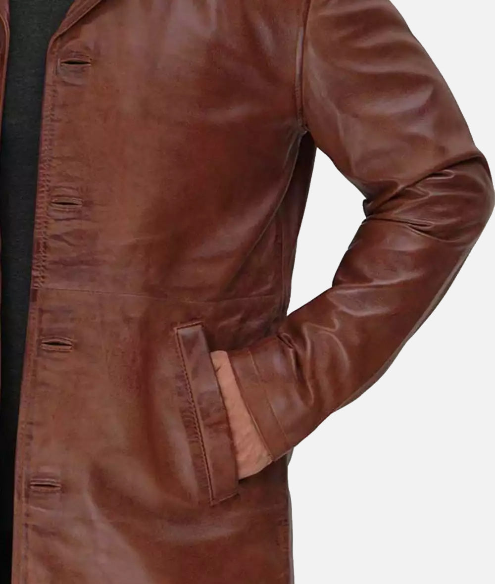 Mens Premium 3/4 Length Distressed Tan Leather Car Coat