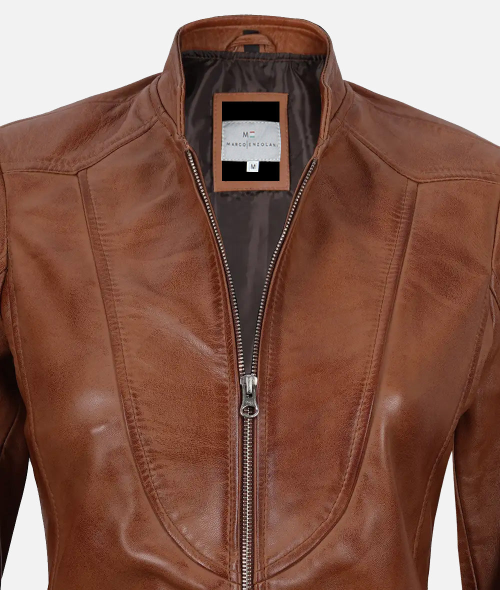 Montana Womens Premium Tan Biker Leather Jacket