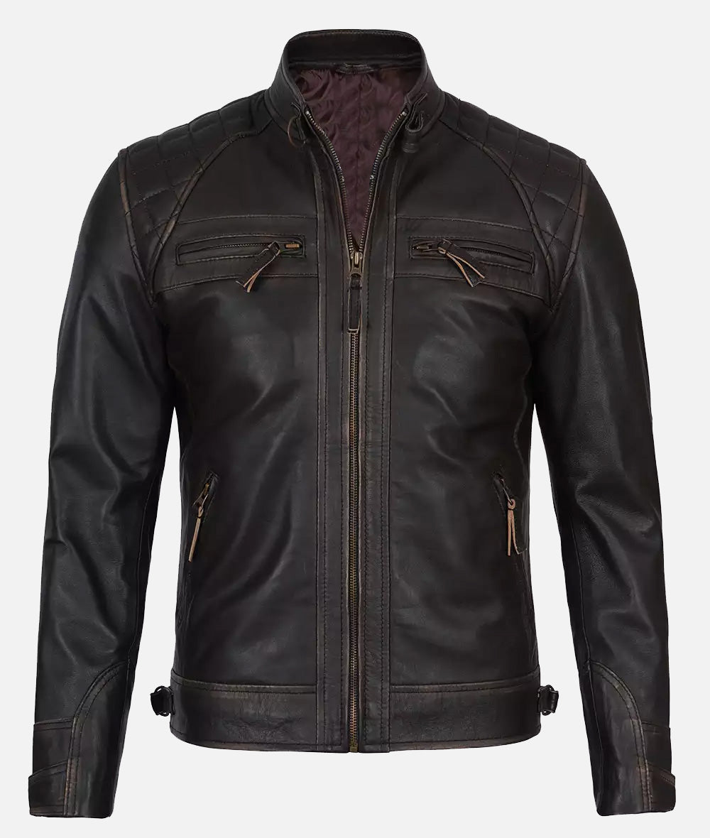 Claude Mens Dark Brown Quilted Biker Leather Jacket