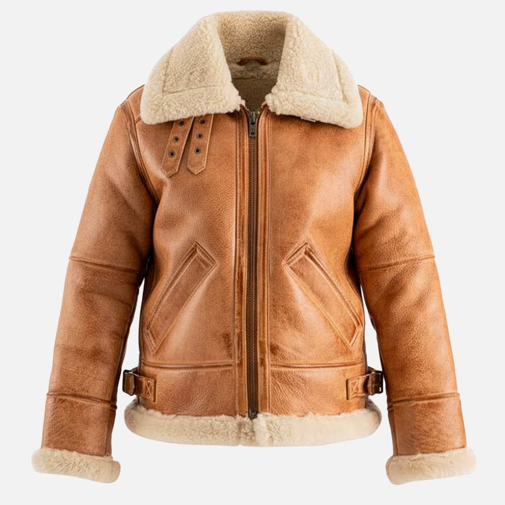 Freda B3 Tan Waxed Real Shearling Bomber Jacket