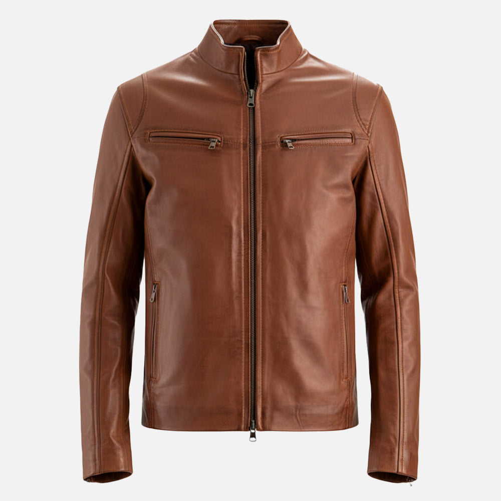 Firenze Tan Waxed Leather Biker Jacket