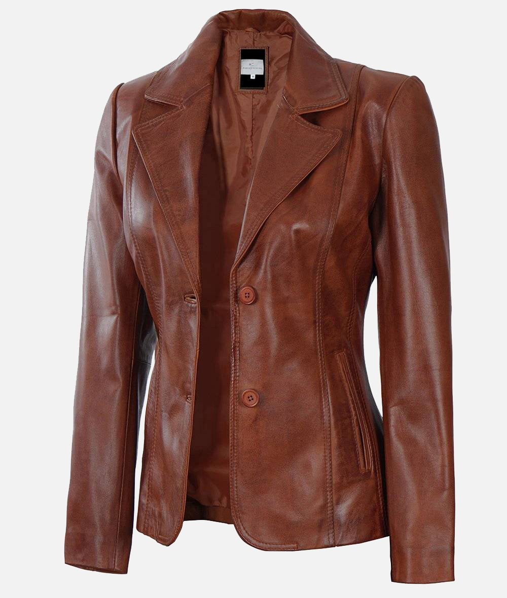 Women’s Cognac Two Buttons Leather Blazer