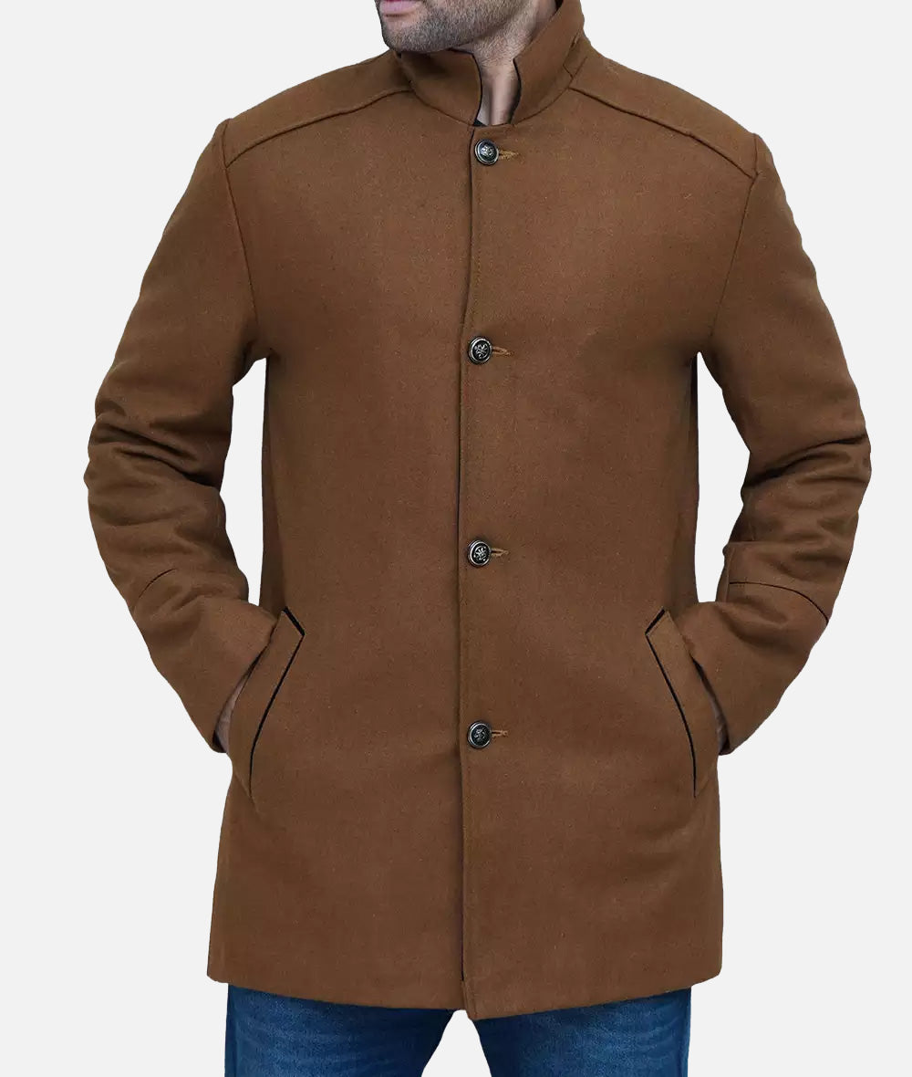 Brown Modern Fit Wool Car Coat - Men's 3/4 Length Coat