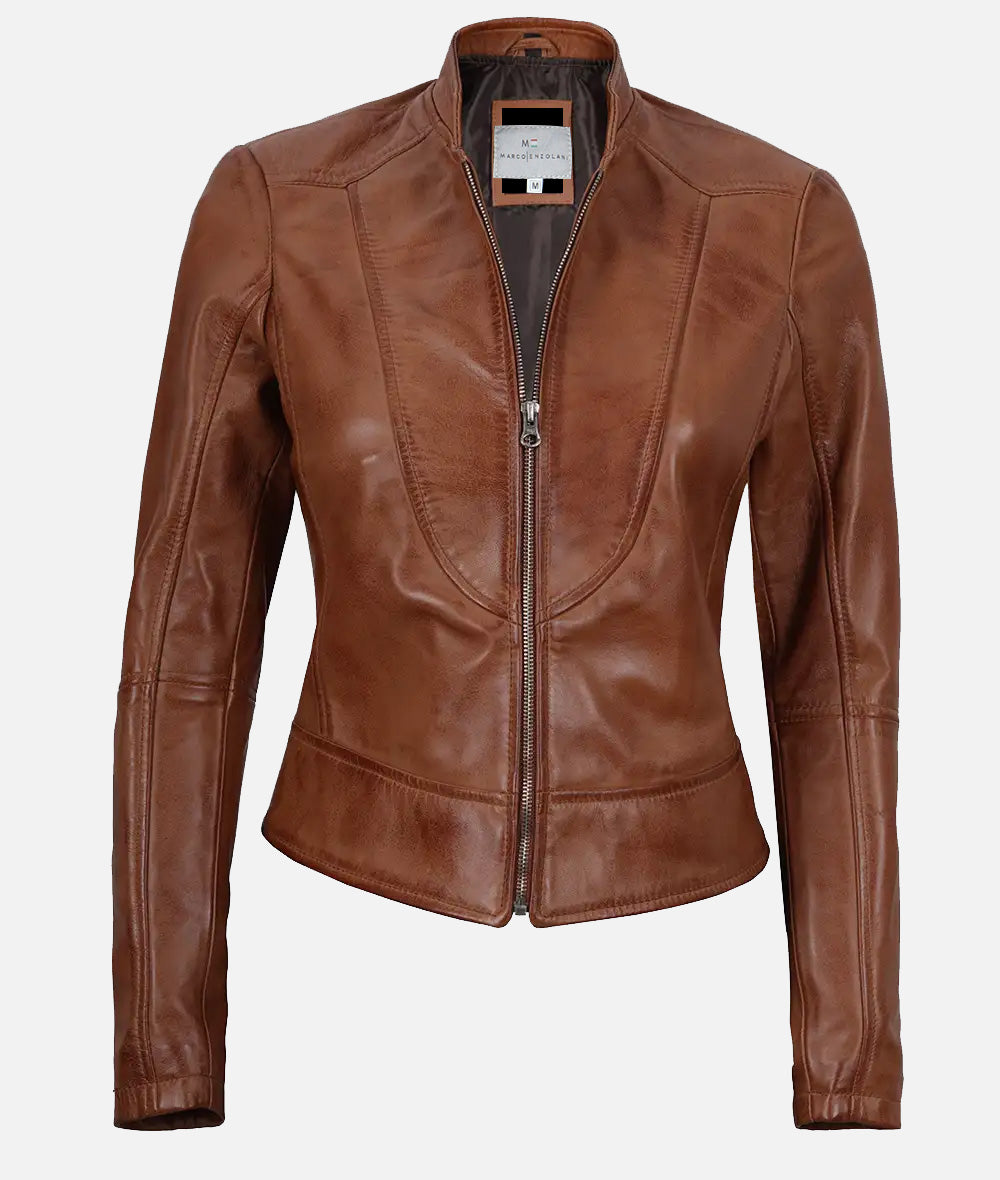 Montana Womens Premium Tan Biker Leather Jacket