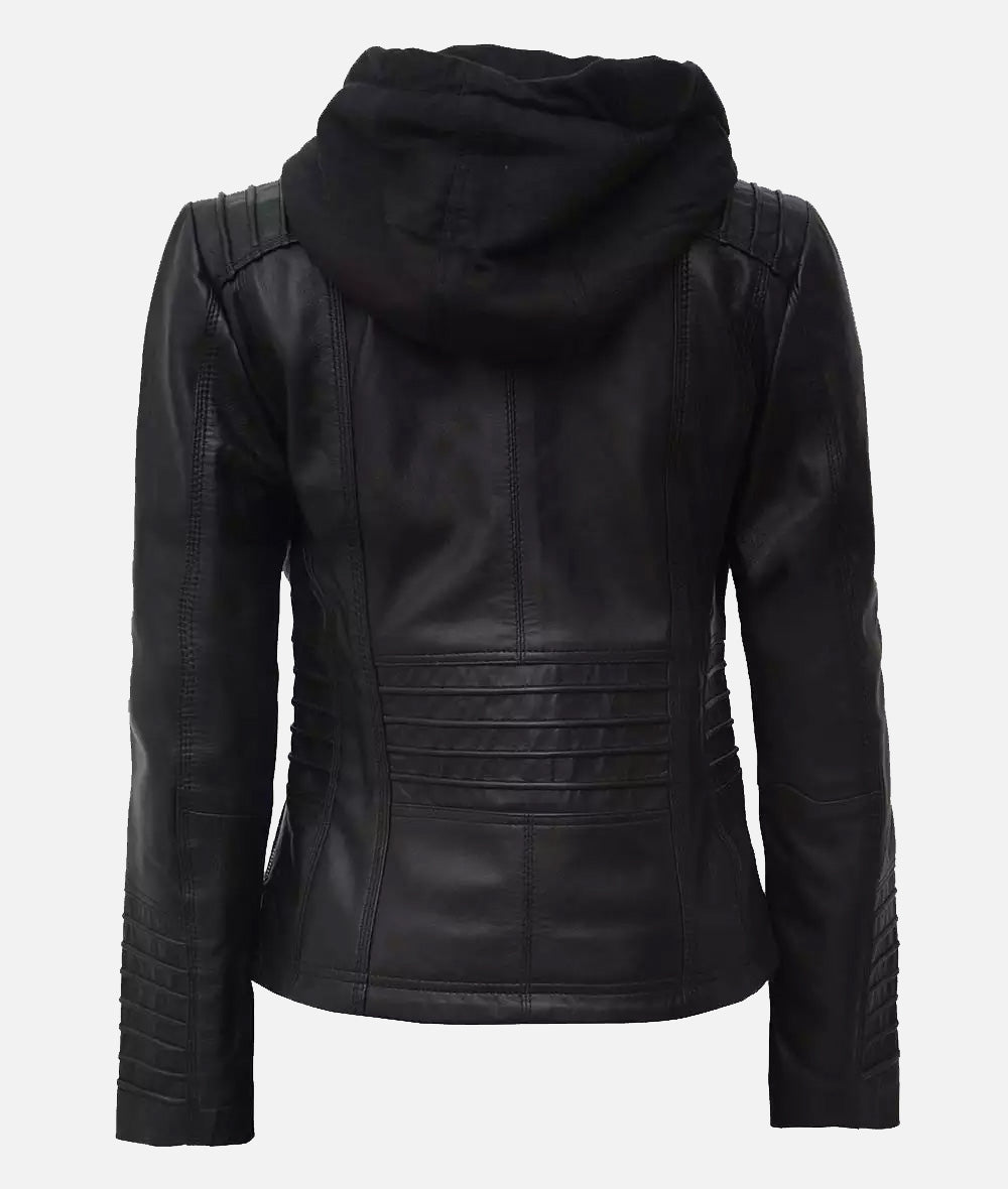 Helen Womens Black Leather Jacket with Removable Hood