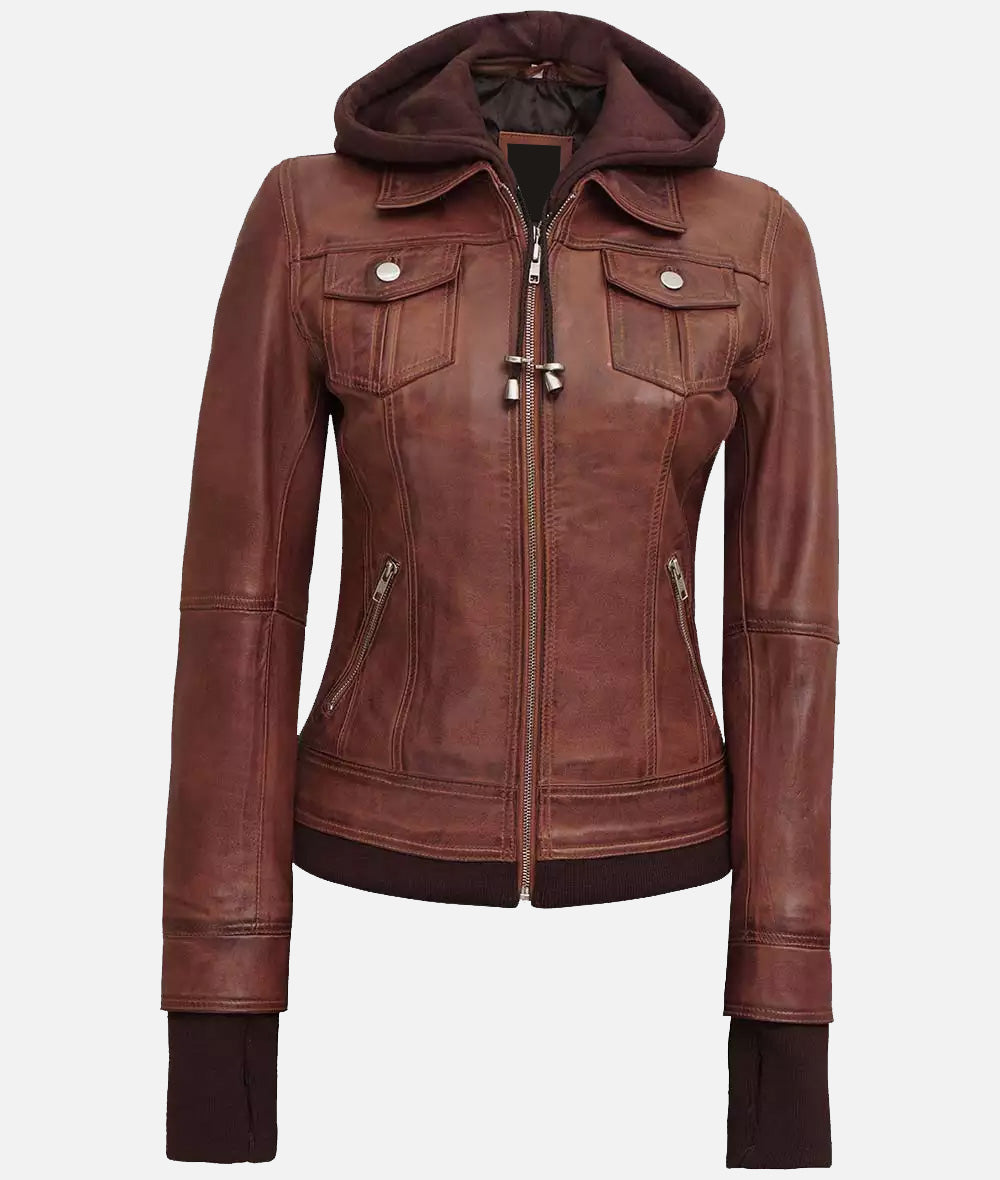 Tralee Women's Dark Brown Bomber Leather Jacket With Removable Hood