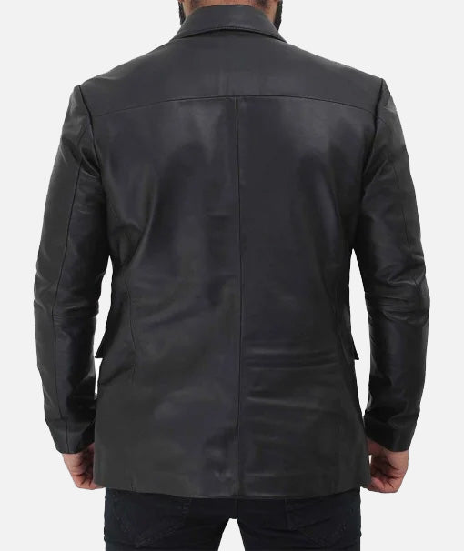 Men’s Two Buttons Notch Lapel Black Real Leather Blazer