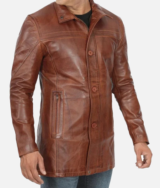 Men’s 3/4 Length Cognac Waxed Leather Coat | Car Coat