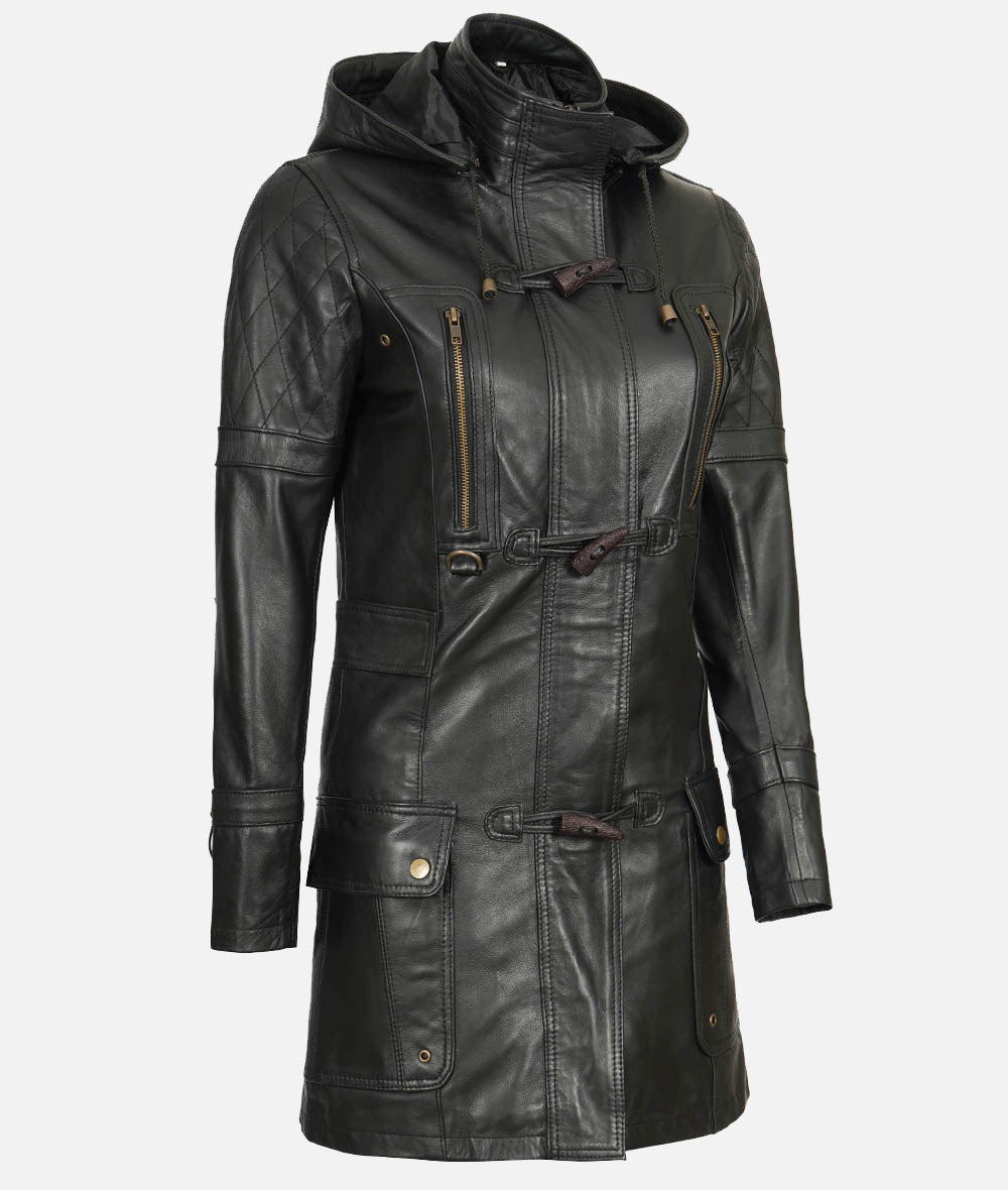 Women’s Black 3/4 Length Leather Coat With Hood