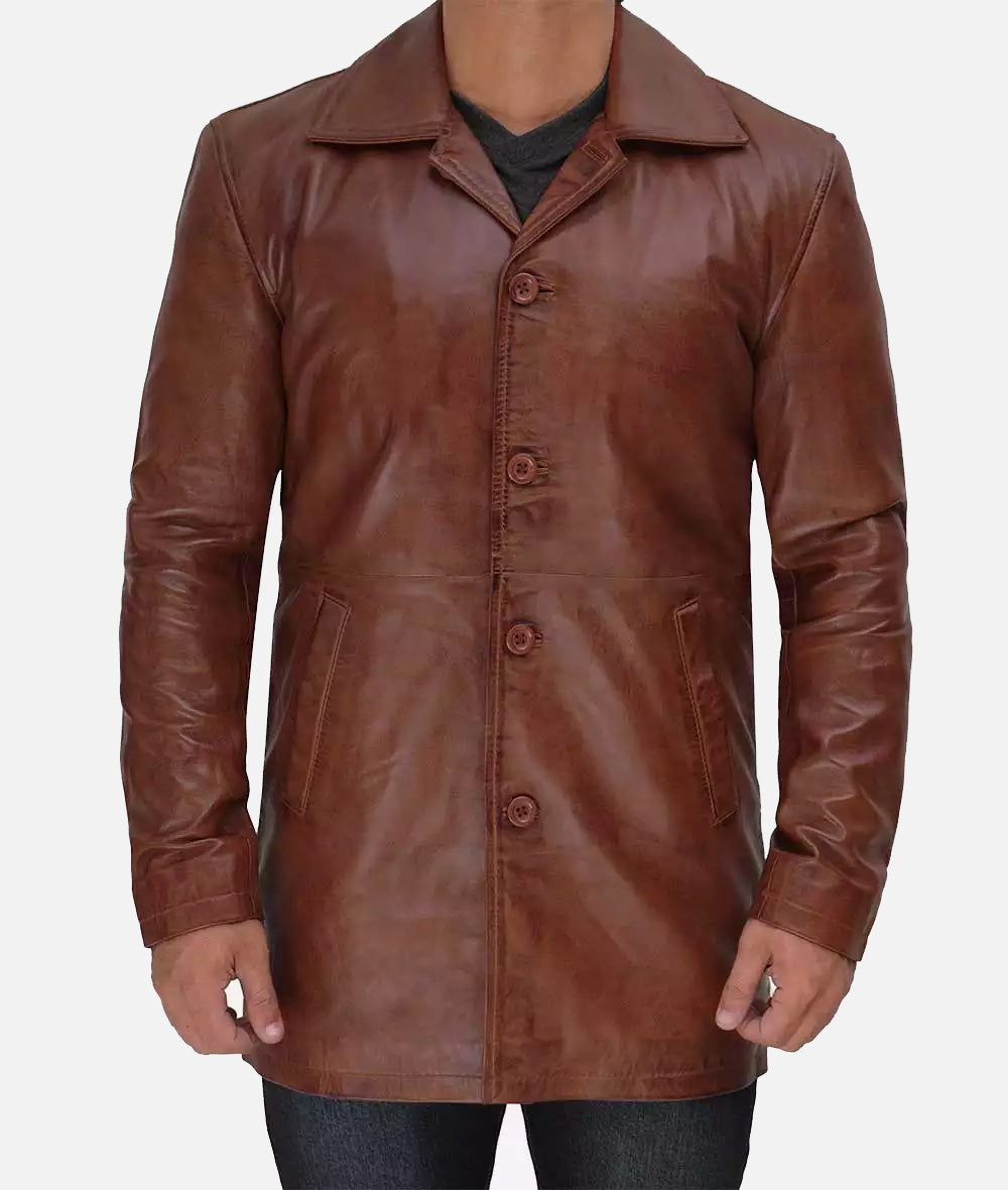 Mens Premium 3/4 Length Distressed Tan Leather Car Coat