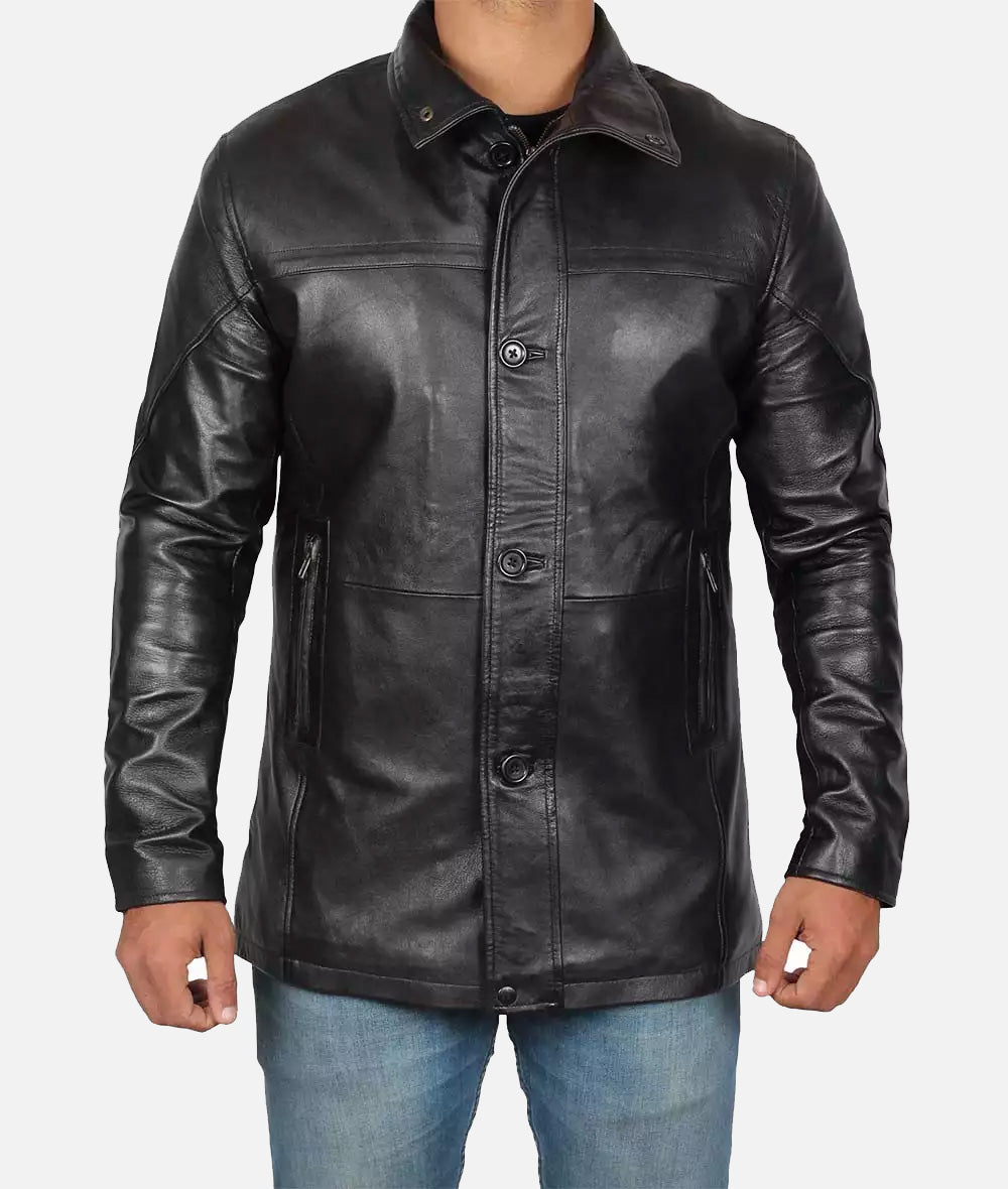 Men's Tall Black Leather Car Coat – 3/4 Length Jacket