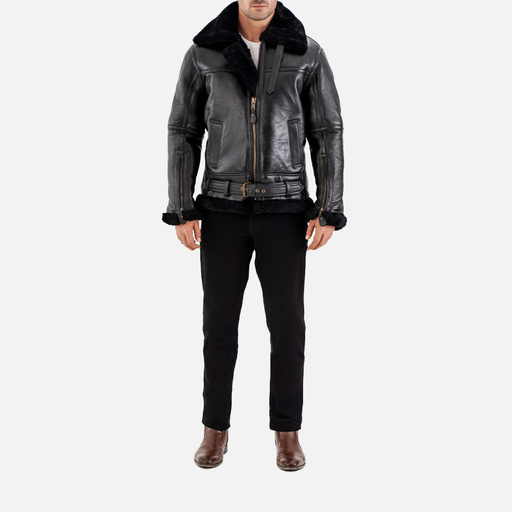 Bormio RAF Black Real Shearling Bomber Jacket