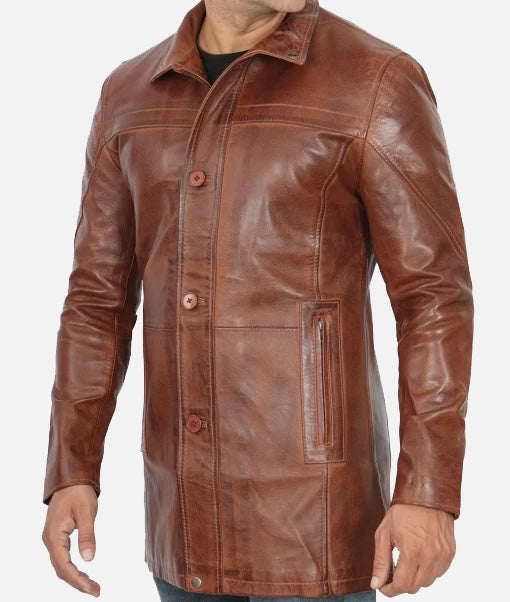 Men’s 3/4 Length Cognac Waxed Leather Coat | Car Coat
