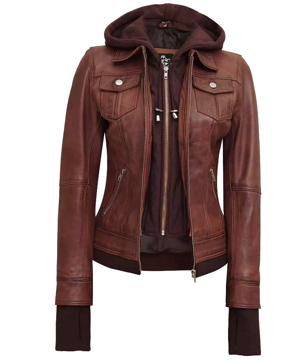Tralee Women's Dark Brown Bomber Leather Jacket With Removable Hood