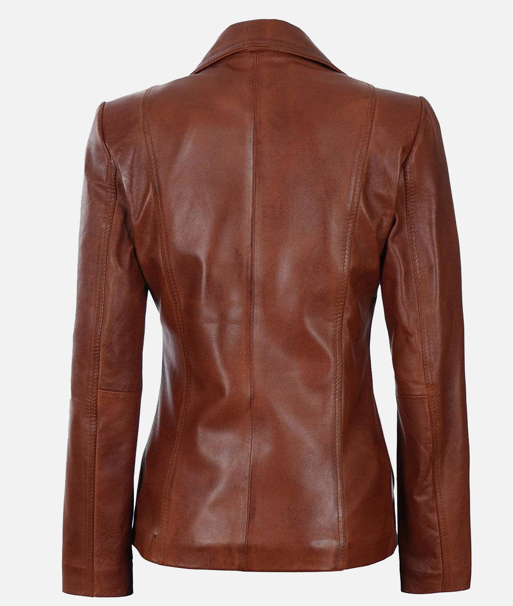 Women’s Cognac Two Buttons Leather Blazer
