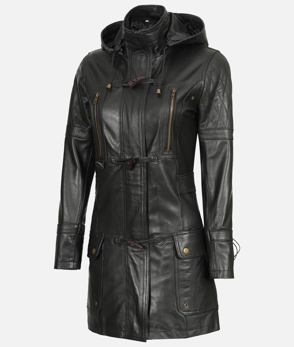 Women’s Black 3/4 Length Leather Coat With Hood