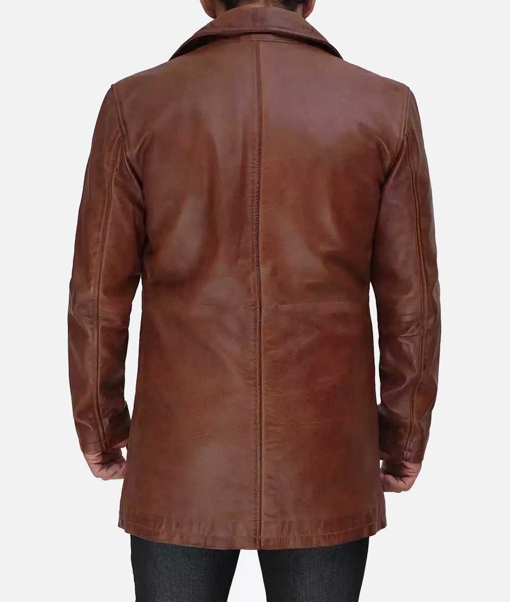 Mens Premium 3/4 Length Distressed Tan Leather Car Coat