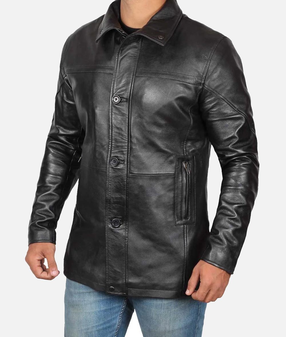 Men's Tall Black Leather Car Coat – 3/4 Length Jacket