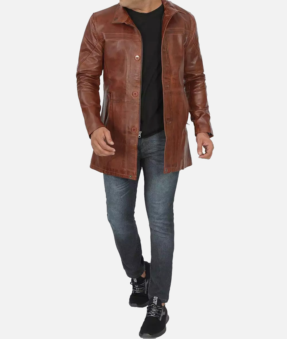 Mens Cognac Waxed Real Leather Car Coat