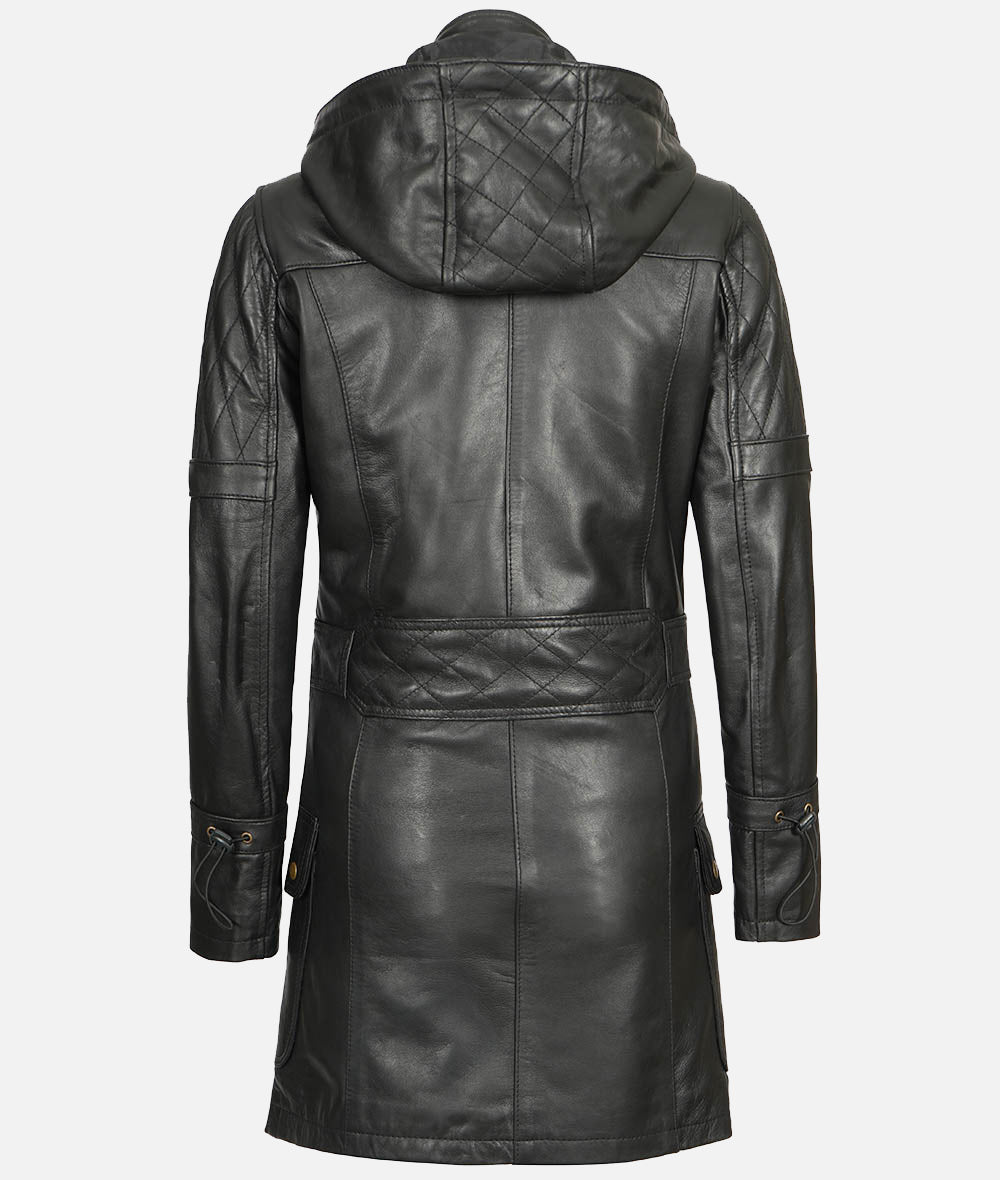 Women’s Black 3/4 Length Leather Coat With Hood