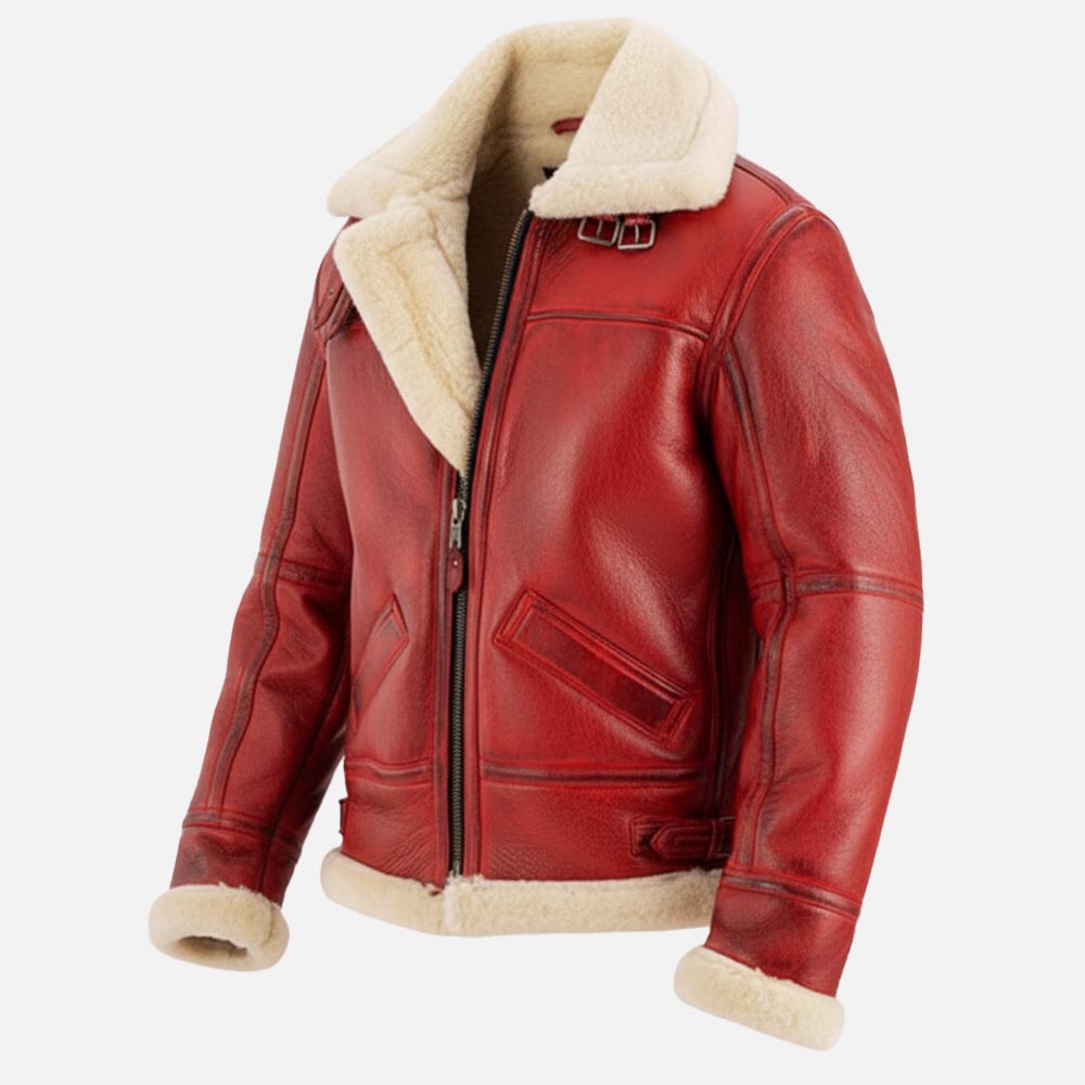 Trentino B3 Waxed Red Real Shearling Bomber Jacket