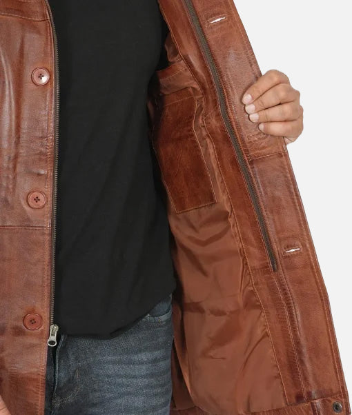Men’s 3/4 Length Cognac Waxed Leather Coat | Car Coat