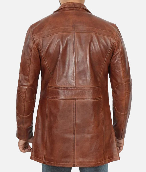 Men’s 3/4 Length Cognac Waxed Leather Coat | Car Coat