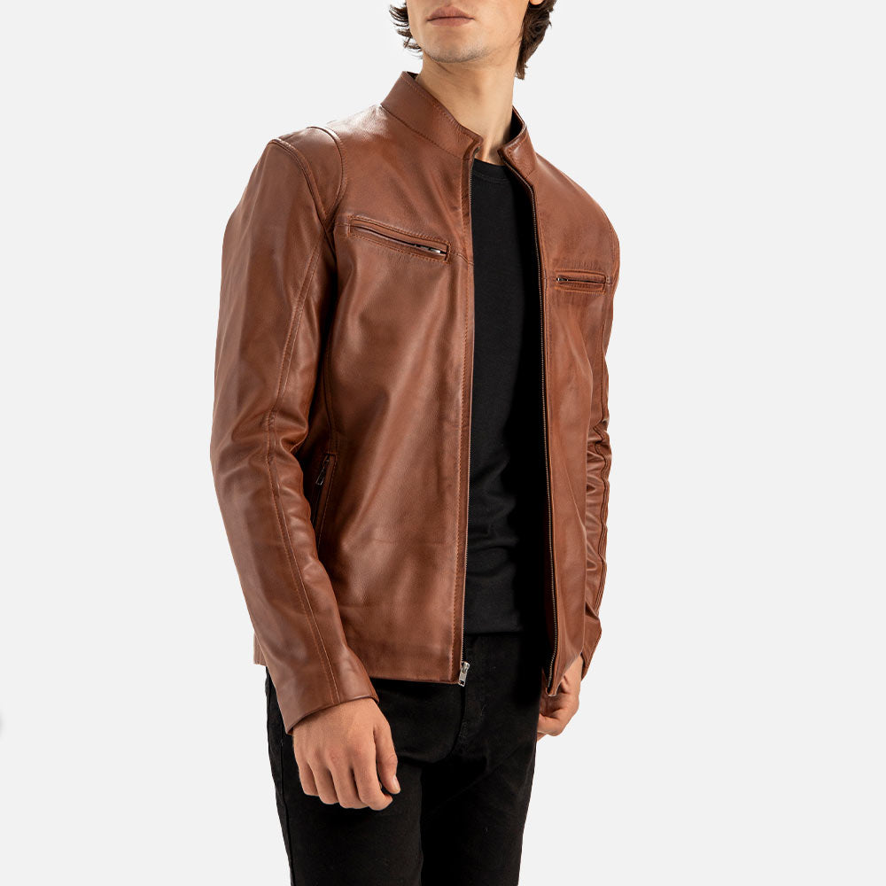 Firenze Tan Waxed Leather Biker Jacket