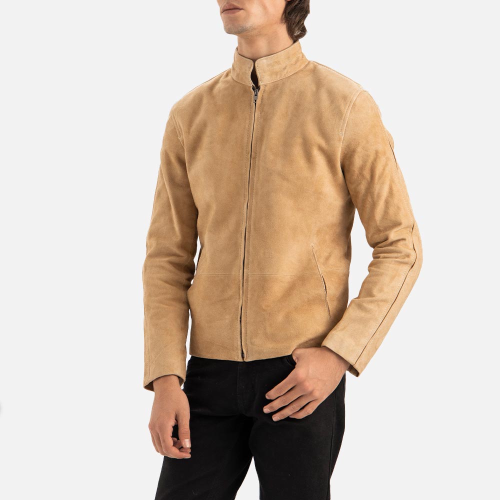 Alpi Suede Biker Jacket front view with half face 