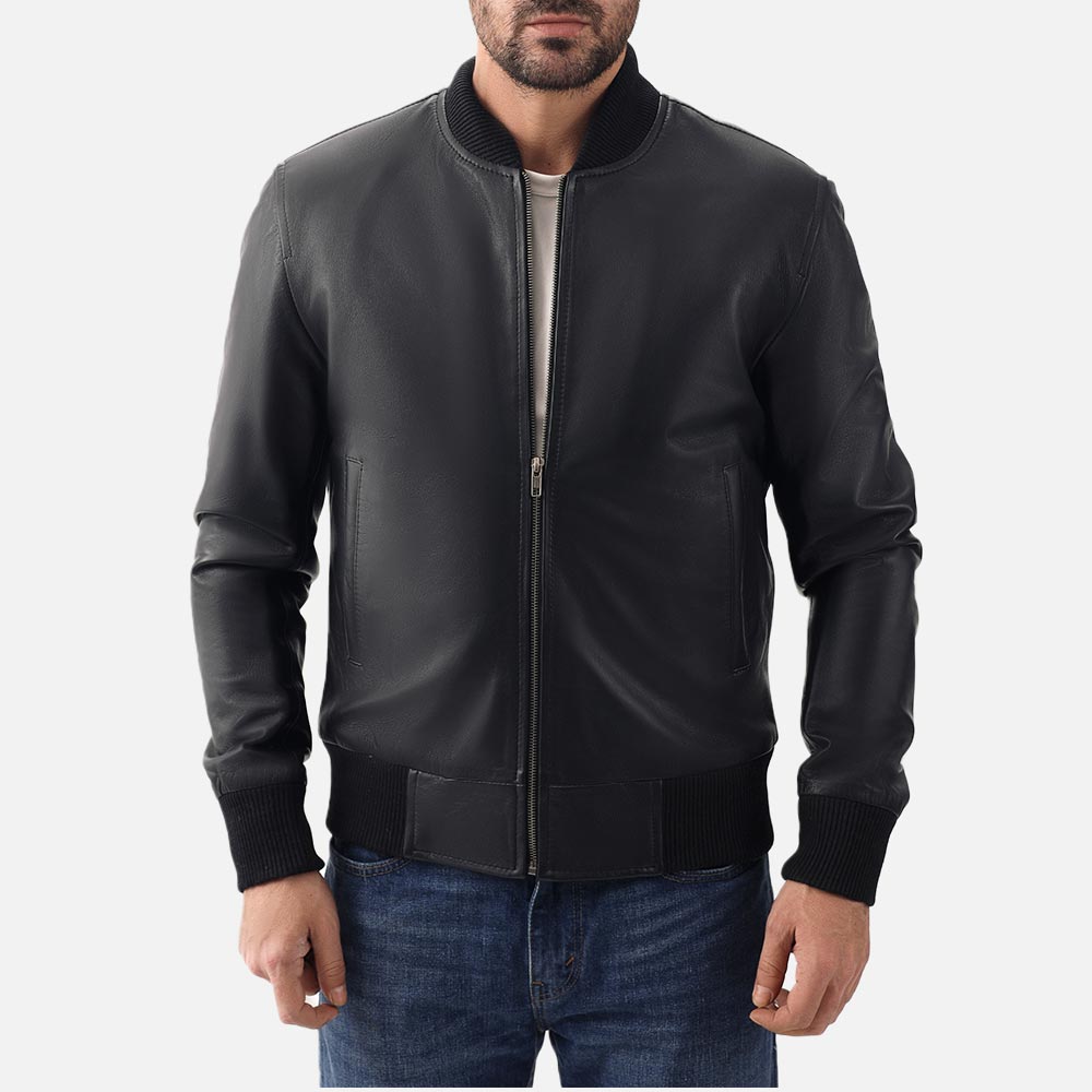 Amalfi Black Leather Bomber Jacket both hand