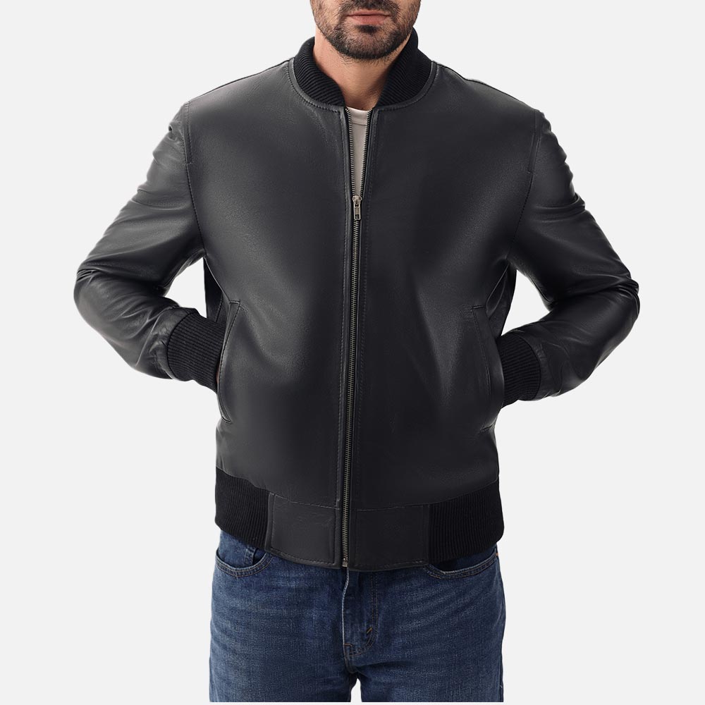 Amalfi Black Leather Bomber Jacket both hand in pocket