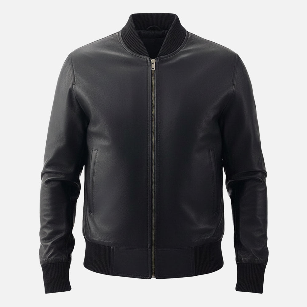 Amalfi Black Leather Bomber Jacket front 