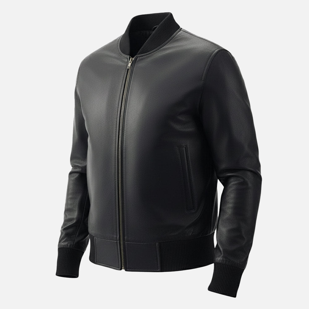 Amalfi Black Leather Bomber Jacket front view
