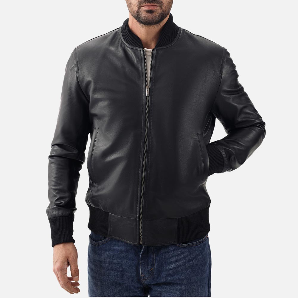Amalfi Black Leather Bomber Jacket frontt