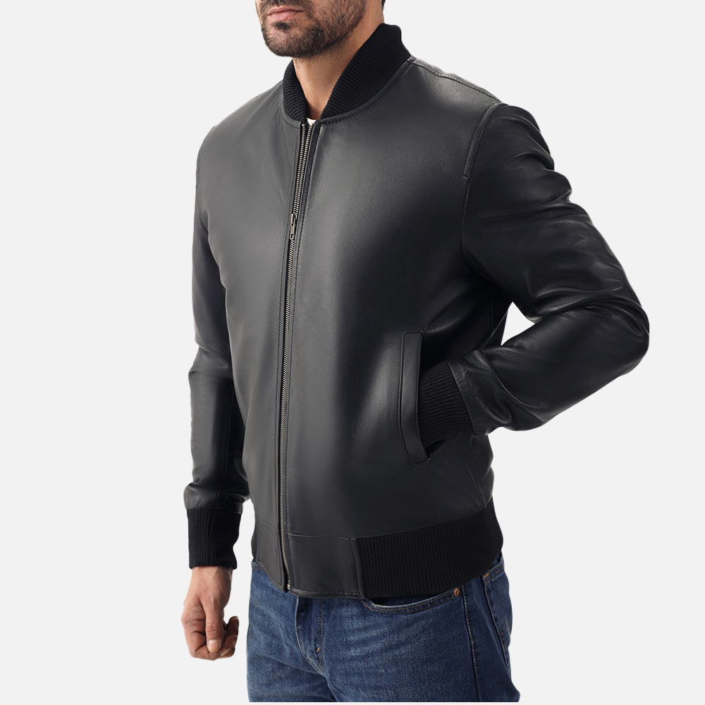 Amalfi Black Leather Bomber Jacket left hand in pocket