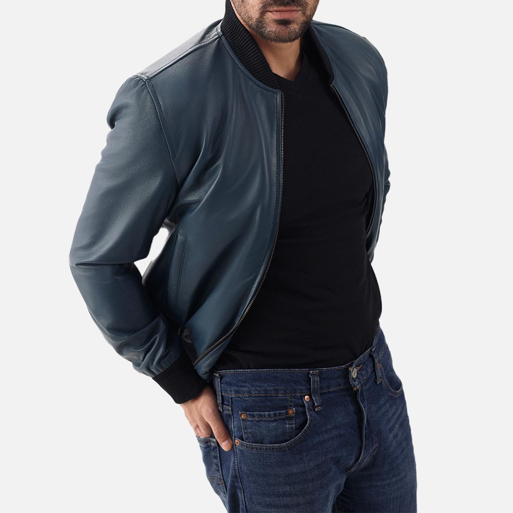 Amalfi Blue Leather Bomber Jacket both hand in back pocket